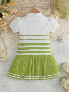Young Girl Striped Print Polo Collar Short Sleeve Casual Dress, Summer - Lime Green - View 2