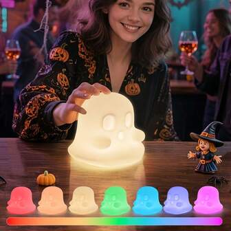 可爱幽灵夜灯，7色可调床头灯，USB充电，柔软硅胶材质，适合营造温馨卧室氛围，幽灵灯