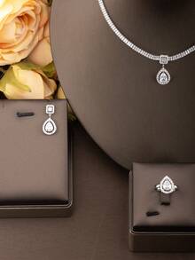 一套简约立方氧化锆镶嵌圆形吊坠项链、耳环、戒指套装，适合女性日常及派对佩戴，不含礼盒。 - 銀色03 - 查看 2