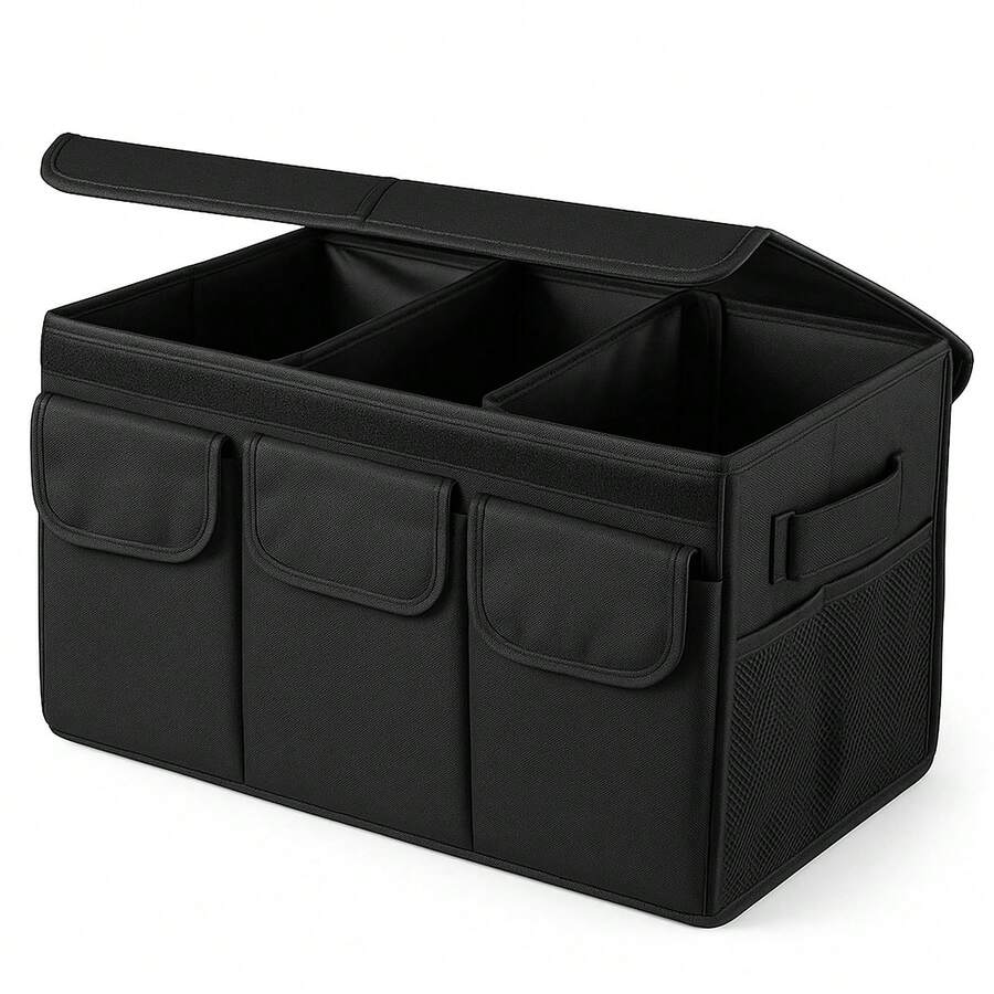 Foldable Car Trunk Organizer – With Lid And Interior Dividers – Versatile Luggage Sorting Box For Maximizing Trunk Space In Vehicles Of All Sizes - 黑色 - 查看 1