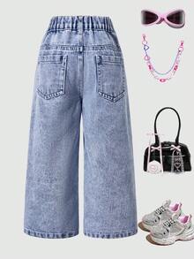 Young Girl Bow Embroidered Pocket Wide Leg Loose Jeans - Blue - View 2