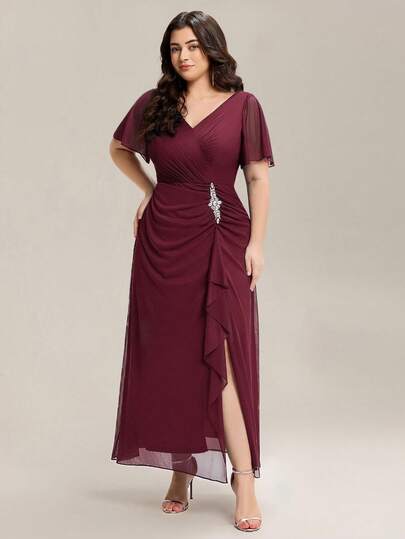 EVERPRETTY Plus Size Elegant Black V-Neck Waist Trim Spring Evening Dress, Suitable For Formal Weddings And Wedding Receptions