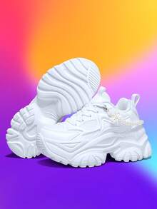 女士7厘米增高休闲运动鞋，配有可拆卸优雅蝴蝶结珍珠链装饰，户外四季EVA厚底系带白色高跟运动鞋，轻便柔软减震防滑夏季透气速干网面凉鞋，圆头休闲系带白色大码鞋，适合大学生、青少年、日常穿着、约会、健身、办公等场合，时尚厚底运动鞋 - 白色 - 查看 8