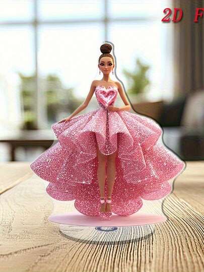 2D Flat, 2D Flat Rotating Acrylic Desktop Decor - African American Doll Design With Glitter Pink Dress And Heart Accents, Elegant Home Decor Without Battery, Suitable For Doll Lovers, Holiday Tabletop Display, Heart Pattern Design, Floral Decorative Accents - For Party Planner