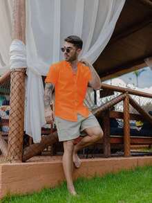 Men's Short-Sleeve Shirt With Mandarin Collar And Linen-Look - Assorted Colors - Comfortable - Orange - View 4
