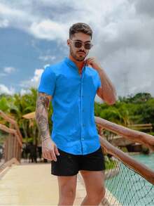 Men's Short-Sleeve Shirt With Mandarin Collar And Linen-Look - Assorted Colors - Comfortable - Cadet Blue - View 3