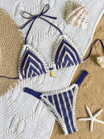 Bikinx 2025 Back To School Women's Boho Lace Striped Textured Fabric Swimsuit Vacation Triangle Cup Bikini With Pleated Edge Swim Bottom