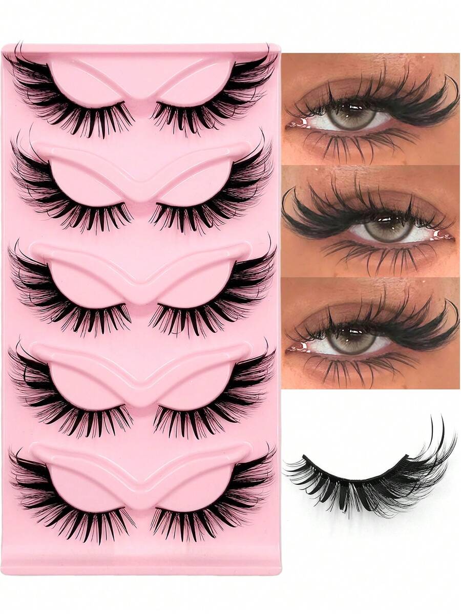 Asiteo 5 Pairs Cartoon Fox Eye Eyelashes, New Craft Soft & Comfortable Faux Eyelashes With Extension Effect, Cat Eye Lifted Tail Style, Reusable, Suitable For Eyelash Extension Enthusiasts, Personalized Seekers And Makeup Bloggers - 漫畫款濕睫毛 - 查看 1