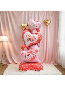 150cm Oversized Vertical Heart Shaped Balloon, Layered & Criss-Cross Design - Pink & Gold Letter And XOXO Kiss Print Pattern - Suitable For Valentine's Day, Wedding, Birthday, Anniversary - No Power Needed, Wedding & Valentine's Day Balloon - Multicolor - View 4