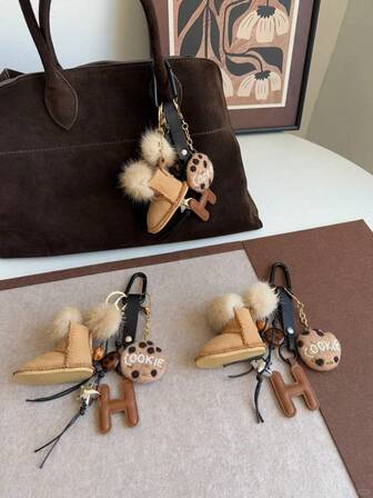 Fashionable And Adorable High-End Sheepskin And Fur-Lined Cotton Shoes For Autumn And Winter, Mink Fur Pom-Pom Beaded Bag Charms, Wool Felted Crocheted Cookie Leather Letter Keychains And Car Keychains, Leather Braided Rope Star Beaded Pendants-Bag Pendant,Bag Charm Pendants,Bag Chains
