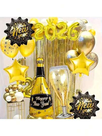 7pcs 2026 New Year Light Luxury Aluminum Film Balloon Set, Luxurious Style, Including Numbers, Champagne Bottles, Wine Glasses, Star Shapes, Gold And Black Color Matching, Suitable For New Year Parties, Creating A High-End Celebration Atmosphere For Indoor And Outdoor Scenes. It Is An Eye-Catching Item For New Year Decoration.