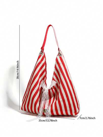 1 件装，时尚条纹帆布包，圣诞装饰，撞色设计，单肩手提，大容量，日常搭配，休闲旅行，耐用材质，便携，双面可用