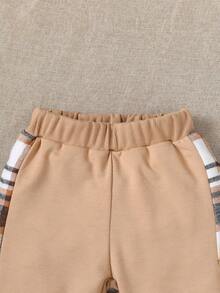 BrownBark 2件組男嬰春秋格紋休閒戶外套裝，格紋口袋連帽長袖襯衫＋收口長褲兩件套，嬰兒/男嬰日常穿著百搭長袖套裝 - 卡其色 - 查看 8