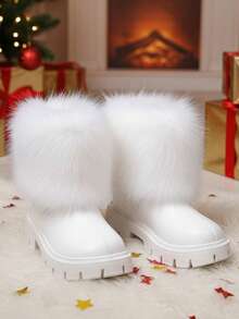 1 Pair White Princess Mid-Calf Boots For Girls, Fashion Zipper Design, Anti-Slip Rubber Soft Bottom, Warm Fur Collar, Soft PU, Thick Sole, Elevated, Suitable For Performance, Skiing, Snowball Fighting, Infant & Toddler Girls, Winter 2025 New Arrival - White - View 8