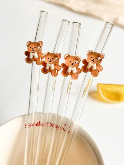 1/3/5pcs Brown Bear Shaped Glass Straws, Cute Reusable Bent Straws Suitable For Bubble Tea, Cocktails And Iced Drinks. Creates A Cozy Atmosphere For Dessert Shops And Dates. Valentine's Day Gift.