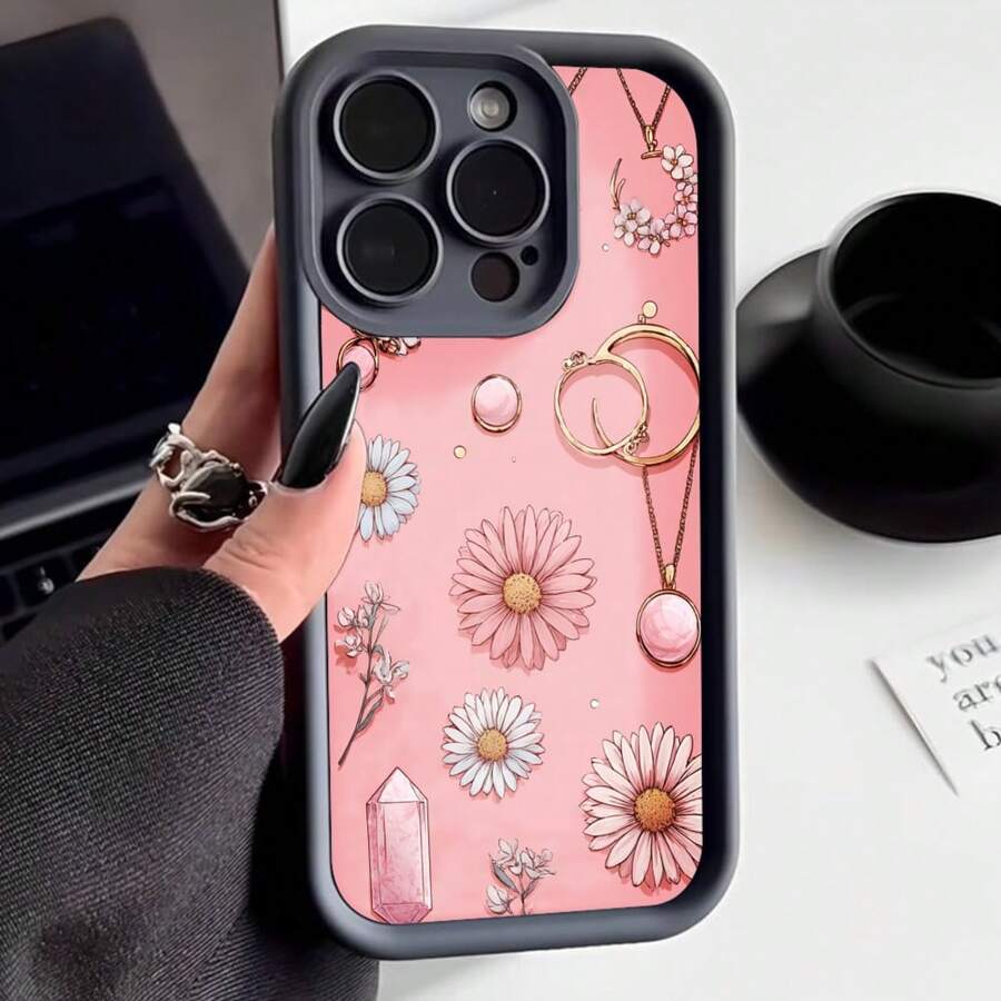 Cubierta de telefono con borde negro rosa con estampado de flores margaritas cristal y joyas para mujer elegante estilo bohemio ideal para uso diario y ocasiones especiales - Burdeos - Ver 1