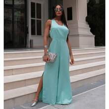 Women's Tailored Long Jumpsuit With Side Slit - Blue - View 4