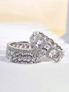 4件套奢华立方氧化锆戒指套装，女士婚礼订婚派对珠宝，情人节礼物 - 1# - 查看 3