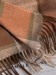 100% Wool Plaid Scarf, Versatile British Style Colorblock Warm Shawl Wrap, Winter - Khaki Orange - View 3