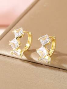 1 Pair Fashionable Copper Zirconia Hollow Geometric Circle Earrings, Minimalist & Versatile, Gift For Women Birthday/Date - Multicolor - View 8
