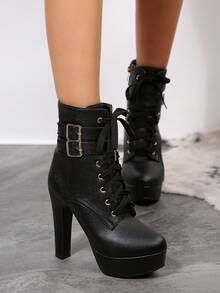 Thick Heeled Round Toe High-Heeled Waterproof Platform Short Tube, Side Zipper, Fashionable Women's Boots, Solid Color Metal Strip With Buckle, Women's Winter Boots,High Heels - Black - View 4