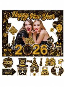1个2026新年纸质相框 + 30个手持拍照道具，新年主题黑金彩色趣味帽子、眼镜、胡子、领带、西装等拍照道具，派对装饰套装，新年礼物