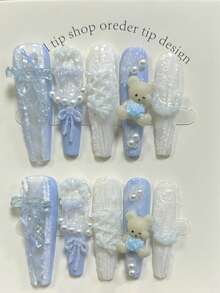 10片法式蕾丝手工按压式美甲片 3D甜美可爱小熊石膏蝴蝶结珍珠假指甲 蓝色洛丽塔长款美甲用品（1张果冻贴纸+1个指甲锉） - 藍色 - 查看 4