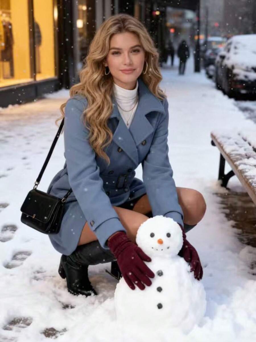 This Classic Double-Breasted Coat For Women, In Red, Is Suitable For Autumn And Winter Wear. It Features A Belt Design, Pockets, A Mid-Length Silhouette, And A Warm Blended Fabric. - Dusty Blue - View 1