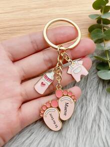 1pc Custom Birthdate Commemorative Keychain, Baby Foot Heart Keychain, Engraved Custom Name And Date, Baby Shower Favor, Birth Keepsake Keychain - White - View 4