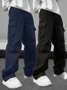 2 件套男童和青少年休闲运动户外工装裤，带大口袋，春秋