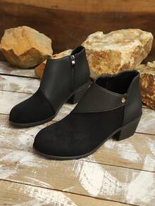 女士复古百搭麂皮拼接时尚靴，秋冬款 - 黑色 - 查看 2