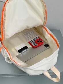 1 pieza Mochila casual de estilo universitario de gran capacidad, ligera y resistente al agua, con bolsillos múltiples y cremallera, en estilo de bloque de color, adecuada para uso diario escolar, entrenamiento, viajes al trabajo de mujeres, actividades al aire libre, compras, vacaciones, regalo para la temporada de regreso a clases y graduación - Beis - Ver 7