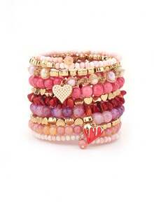 سوار متعدد الطبقات بتصميم قلب معلق مزين باللؤلؤ الوردي مصنوع يدويًا للنساء قطعة واحدة - وردي - مشاهدة 4