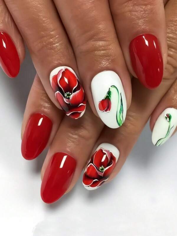 24pieces Of Medium-Length Almond-Shaped Wearable Nails, With Red Flower Patterns And Green Flower Stems As Embellishments, Present An Elegant And Artistic Style Of False Nails. Paired With Jelly Glue And Nail Files, They Are Suitable For Women's Daily Gatherings And Festivals