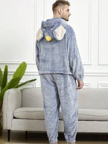 1pc Men's Warm & Anti-Cold Flannel Cartoon Holiday One-Piece Jumpsuit Sleepwear, Fluffy Winter - Brown - View 2