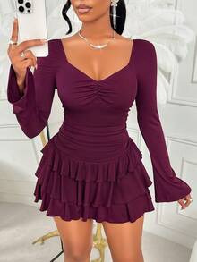 Amarilo Women's Elegant Fuchsia Ruffled Hem Long Sleeve Dress - Dark Purple - View 1