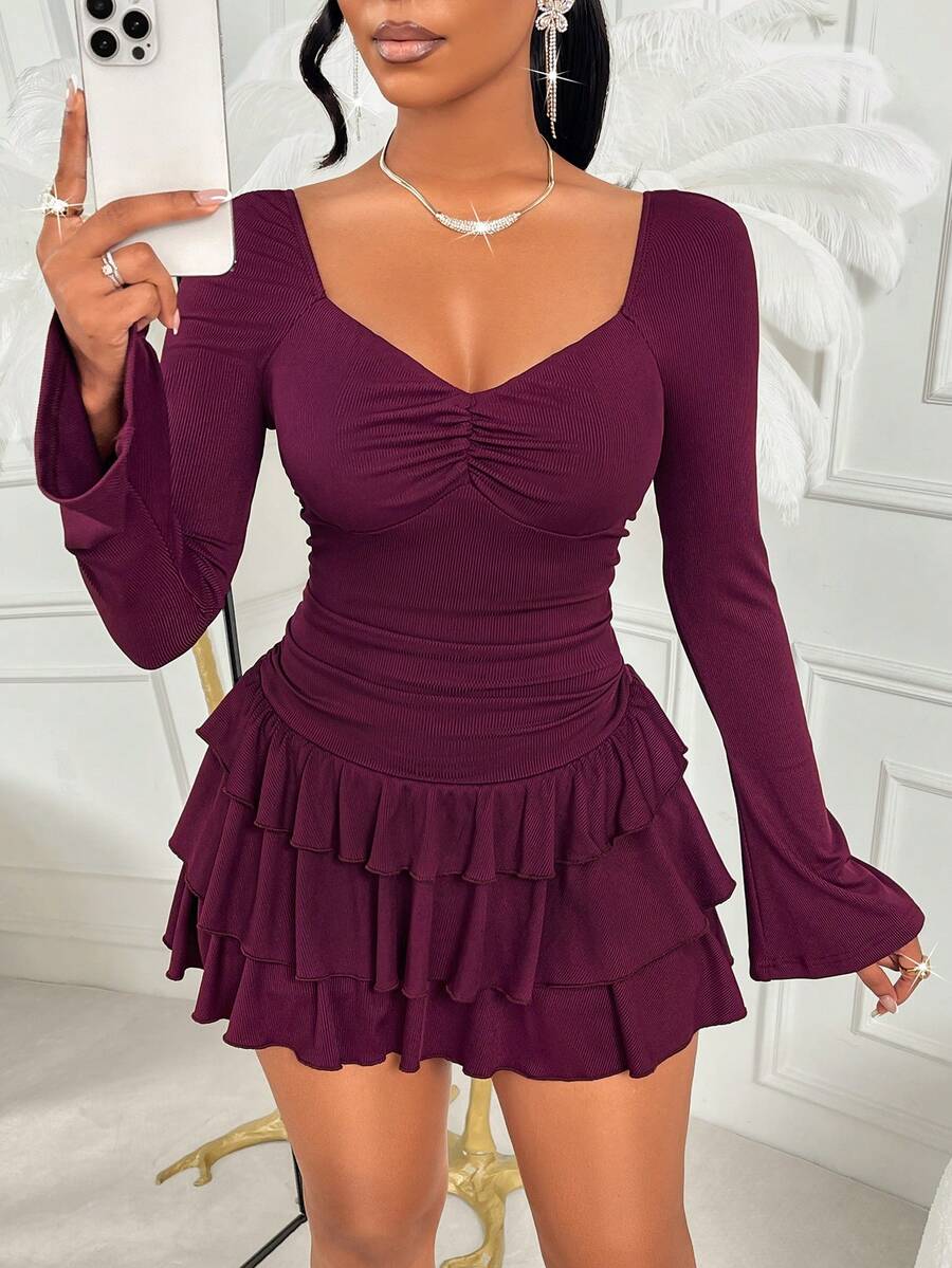 Amarilo Women's Elegant Fuchsia Ruffled Hem Long Sleeve Dress - Dark Purple - View 1