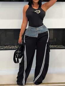 New Women's Fashionable And Versatile Denim Patchwork Loose Straight-Leg Striped Casual Pants, Machine Washable, Unique Design, Suitable For Everyday Wear. - màu đen - Xem 1