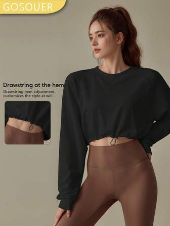 GOSOUER Women's Fall And Winter Pullover Loose Running Sports Tops Pilates Drawstring Long-Sleeved Coat Tennis Fitness Wear