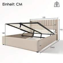 Polsterbed Storage Bed, 180x200cm Hydraulic Double Bed, Wooden Slat Base, Bed With Metal Frame And Slat Base, Linen, Beige - Beige + Linen + 160cm*200cm - 查看 8