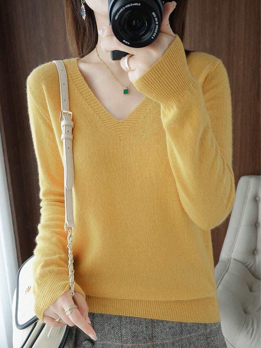 Jersey Casual de Manga Larga Cuello en V para Mujer, Suave y Cómodo - Amarillo - Ver 1