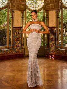 Faeriesty 情人节高级魅力优雅无肩带美人鱼晚礼服，女士专属——精致串珠亮片正式礼服，完美适用于婚礼、盛大晚宴、黑领结舞会、红毯活动、慈善晚宴、生日派对、夏季度假等场合。 - 香檳色 - 查看 4