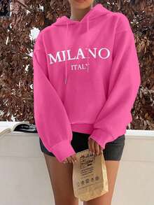 Popular Hoodies For GirlsWomen's Casual Simple Milano Pattern White Hoodie Sweatshirt, Loose Fit, Thick Thermal Lined, Suitable For Autumn And Winter,Long Sleeve Tops Back To School Fall And Winter Clothing Autumn And Winterroomy And Comfortable - 玫紅色 - 查看 2