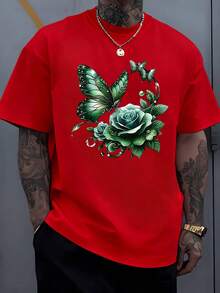 A Green Butterfly Symbolizing Freedom And Transformation Surrounds An Emerald Rose Representing Hope And Calm, Joined By Drops Evoking Purity And Natural Energy. Men's T-Shirt, 100% Cotton, Comfortable And High Quality. - 紅色 - 查看 8