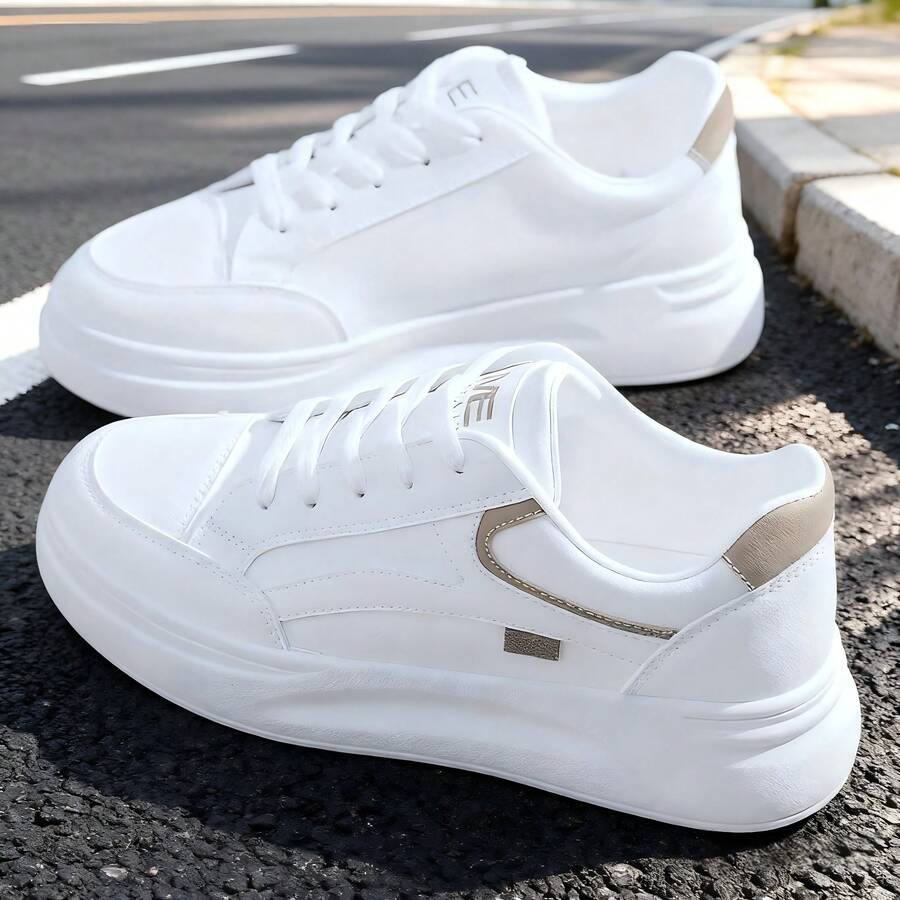 Thick-Soled Women's White Sports Shoes! Simple Pure White / Invisible Height Increase, Soft And Elastic Leather For A Luxurious Feel, Cloud-Like Sole For Walking Without Tiring Feet! Suitable For Daily Outings, Work Commuting, Dating And Shopping, Sports And Leisure, Suitable For All Kinds Of Sports - Màu Khaki - Xem 1