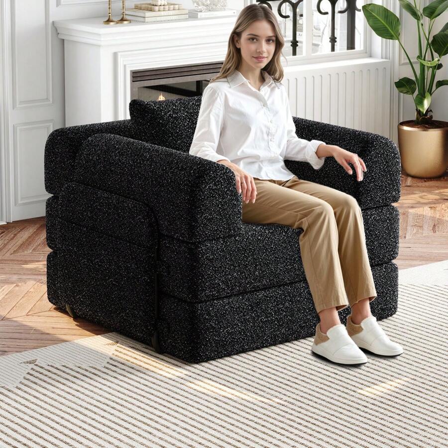 Chenille 2-In-1 Sofa Bed With Armrest Storage, Three Metal Frames, And Multiple Configuration Options. Two-Piece Set - 黑色+雪尼爾+1個座位 - 查看 1