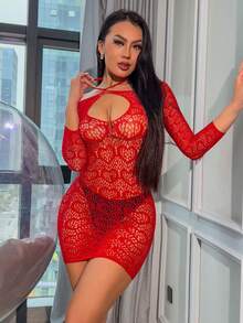 1pc Women Sexy Lingerie Valentine'S Day Long Sleeves Sexy Fishnet Cover Up Without Bikini For Music Festival Hollow Out Bodycon Dress See Through Beachwear Summer Women'S Swimwear Clothing Swimsuit