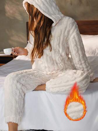 Nina Bonheur 2pcs Women's Thick Fleece Hoodie And Comfortable Pants Fluffy Lounge Set, Fall/Winter Clothes, Cozy