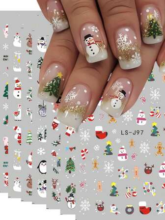 9 Winter Snowflake Nail Stickers - Cartoon Santa Claus, Snowman, Tree, Bear, Reindeer, Penguin, Gingerbread Man, Gift DIY Art Design, Suitable For Women's Daily, Wedding, Party, And Festival Disposable Adhesive Nail Salon Decoration Stickers