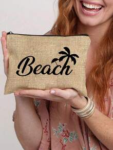 大容量亚麻手提袋，饰有“沙滩”棕榈树字母图案，便携大容量购物袋，亚麻手柄手提袋，多功能收纳袋，个性化礼品袋，手提袋，大容量购物袋，旅行包，适合旅行、购物、度假、返校、聚会，是生日、教师节、周年纪念日、节日礼物、派对活动礼物的理想之选。 - 彩色 - 查看 13